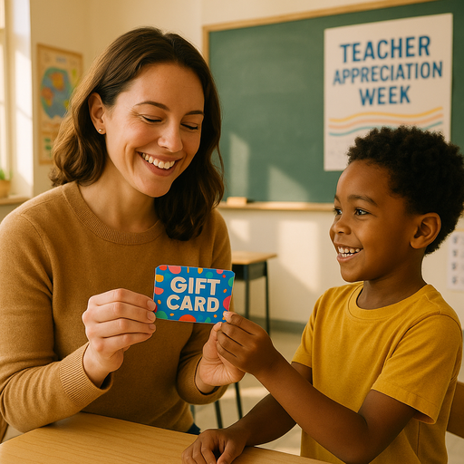 Teacher receiving a gift card from student for Teacher Appreciation Week