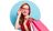 Happy girl with pink eyewear and carrying 3 shopping bags over her shoulder with shapes in background