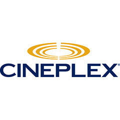 Cineplex written in blue with 3 gold rings with a gap in the middle on top on a white background