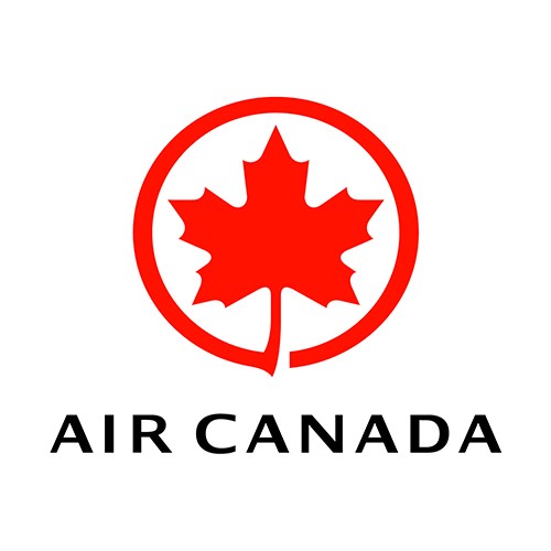 Air Canada typed in black with a red maple leaf above on a white background