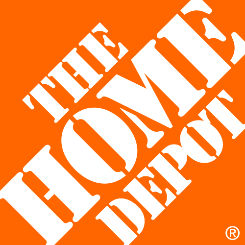 The home depot written in white lettering angled on an orange background