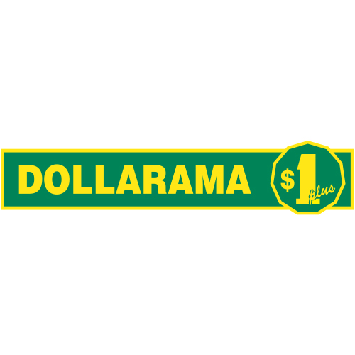 Green rectangle with a yellow outline with the word Dollarama in yellow and next to the word there is a green hendecagon with a yellow dollar symbol, the number one with the word plus on top of the bottom right corner of the number one