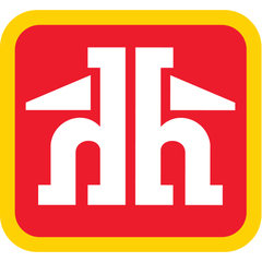 Home Hardware logo which is 2 lowercase h back to back in a red background with a yellow border