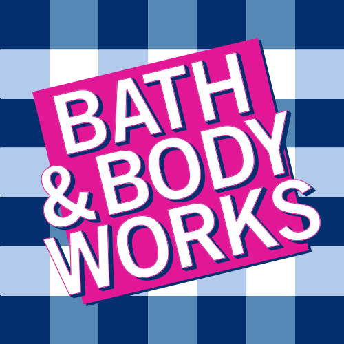 blue and white gingham background with a pink angled square in the middle with the letters Bath & body works in white on top