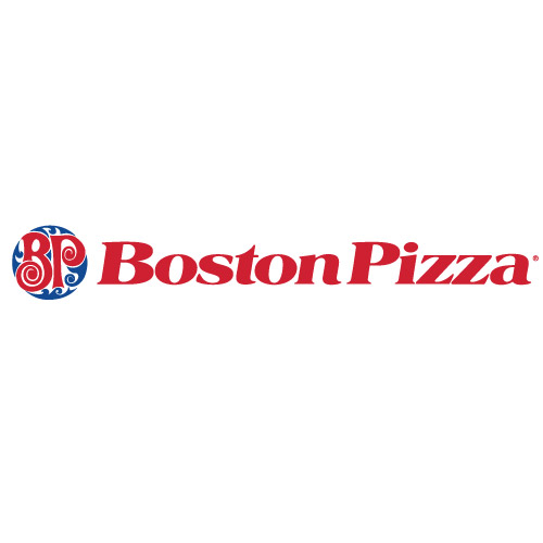 a blue circle with swirls with the red swirly BP letters inside with Boston Pizza red bold lettering to the right of the circle on a white background