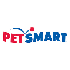 PetSmart written in red and blue with a red ball bouncing above with a blue swish on a white background