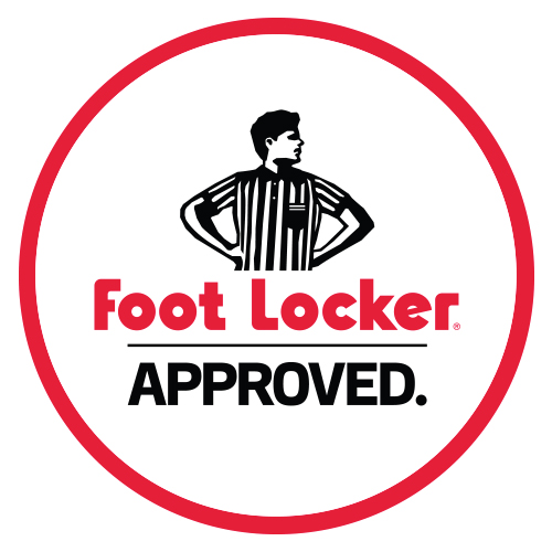 Foot Locker written in red on a white background with the image of a referee on top