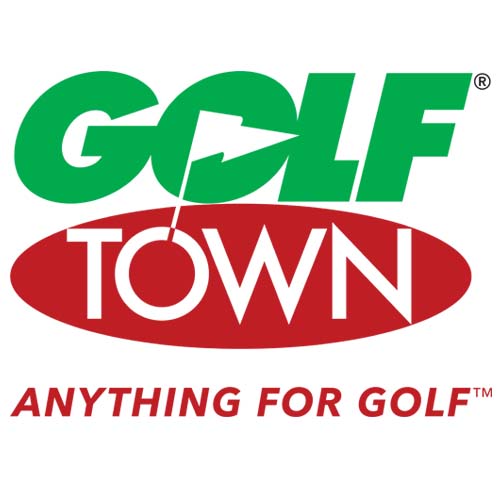 Golf in green letters with a flag in the middle of the O above the word Town written in white inside a red oval with Anything for golf in red written below on a white background