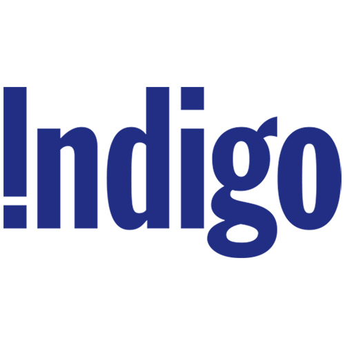 Indigo spelled out in blue letters and an exclamation point as the I on a white background