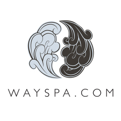 Wayspa.com typed in black letters with 2 water cloud above the letters in a ying yang design