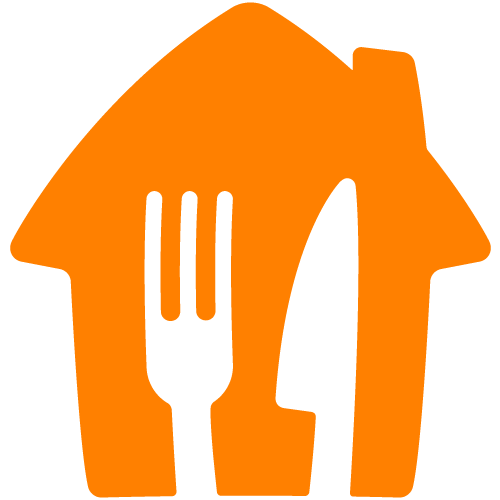 SkipTheDishes logo with a orange silhouette of a house with a white fork and a knife in the middle