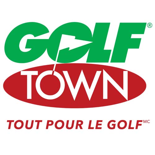 Golf en lettres vertes avec un drapeau au centre du « O », au-dessus du mot Town écrit en blanc à l’intérieur d’un ovale rouge, avec la phrase Tout pour le golf en rouge en dessous, sur un fond blanc