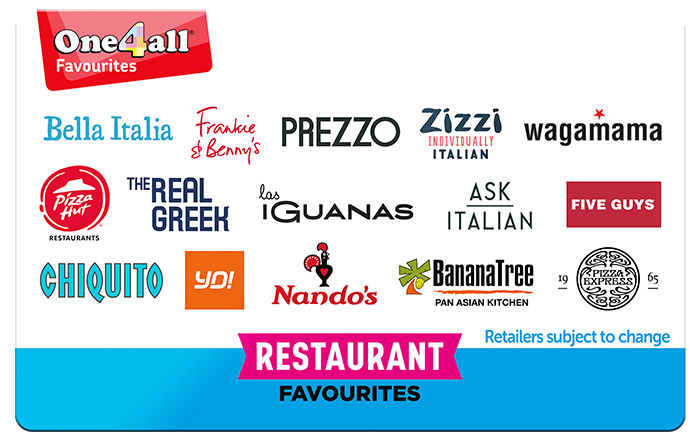 One4all restaurant favourites image with different restaurant logos displayed