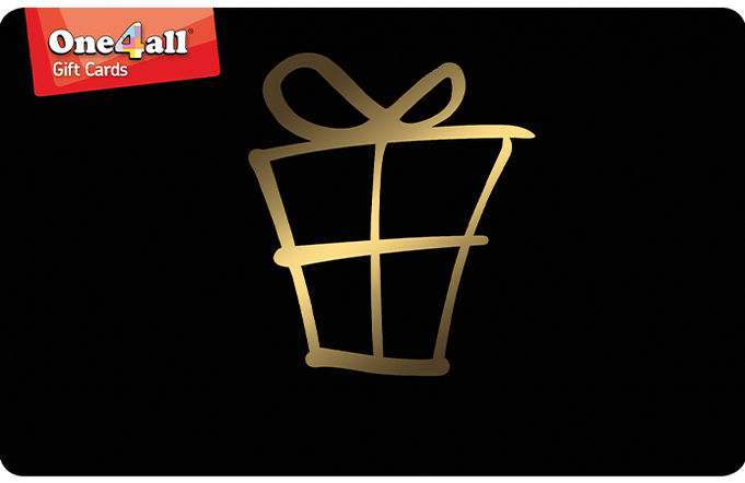 One4all gift card image with a black background with a gold outline of a present in the middle