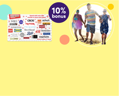 image of family walking on the beach with the image of a one4all card on a yellow background