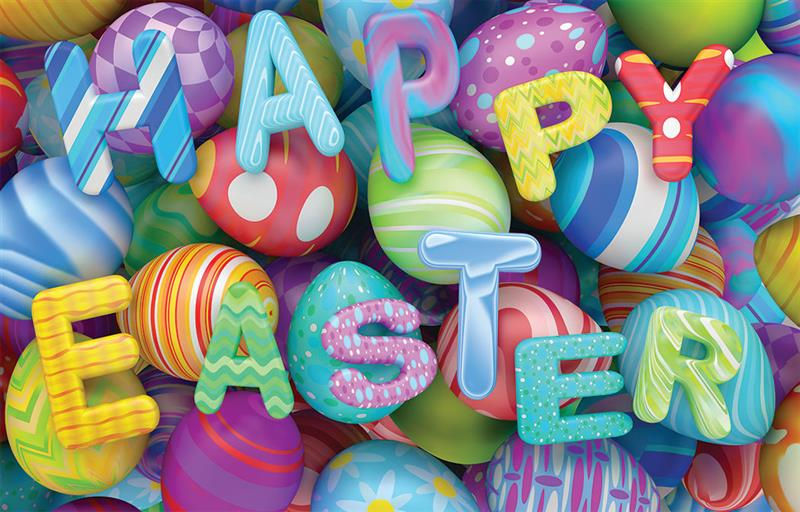 Happy Easter text on colored Easter eggs.