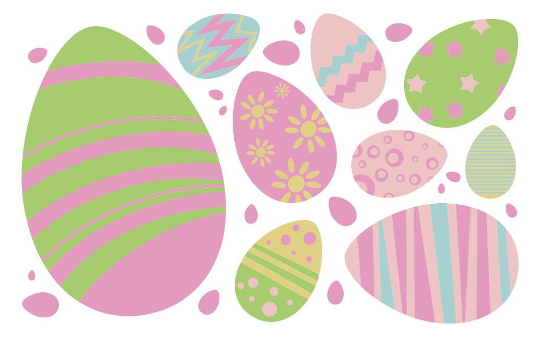 Colorful Easter eggs in pastel shades of pink, green, blue, and yellow, decorated with various patterns such as stripes, zigzags, polka dots, stars, and flowers, scattered on a white background with small decorative shapes.