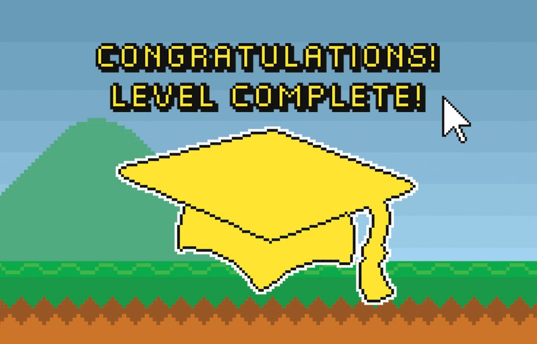 Pixel art-style image of a yellow graduation cap with the text "Congratulations! Level Complete!" above it, set against a retro video game background with pixelated grass, mountains, and sky. A white cursor arrow points toward the text.