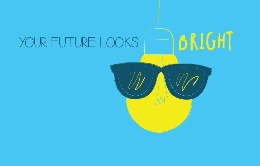 A bright yellow light bulb wearing dark sunglasses against a blue background with the text "YOUR FUTURE LOOKS BRIGHT."pink happy mothers day gift card with blue purple and red flowers