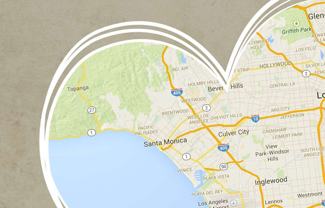 Heart-shaped map of Los Angeles area, including Santa Monica, Beverly Hills, Culver City, major highways I-405 and I-10, and Griffith Park.