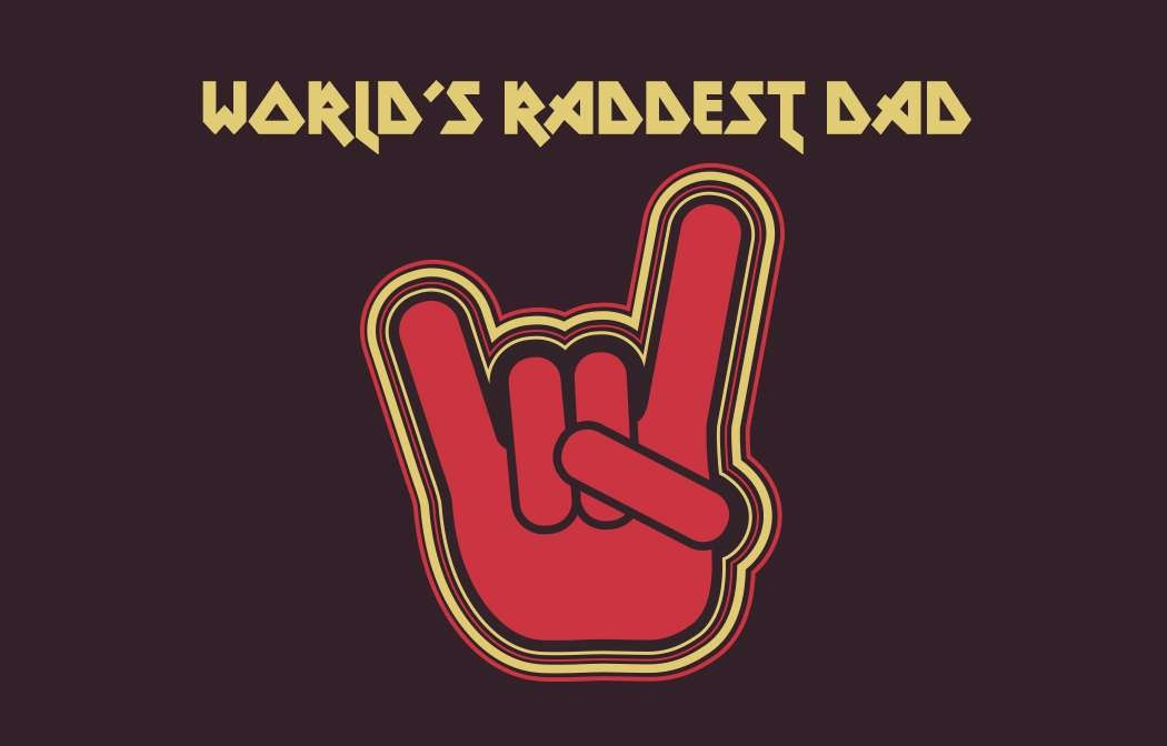 Text "WORLD'S RADDEST DAD" in stylized yellow font at the top, with a red hand making the "rock on" gesture outlined in yellow and black below.