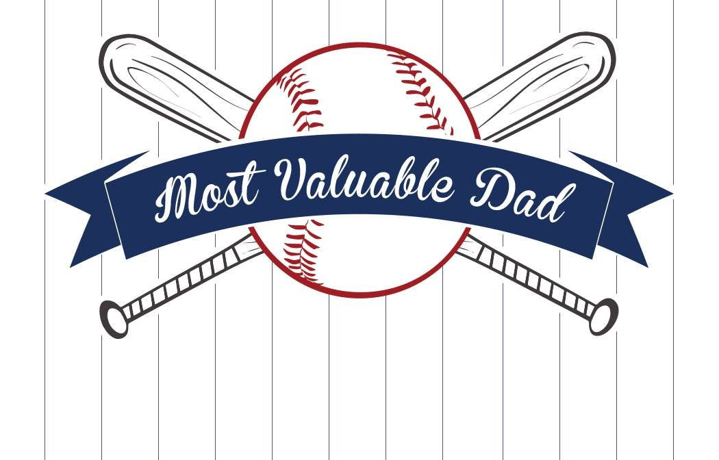 Baseball with two crossed bats behind it and a blue ribbon across the baseball that reads "Most Valuable Dad."
