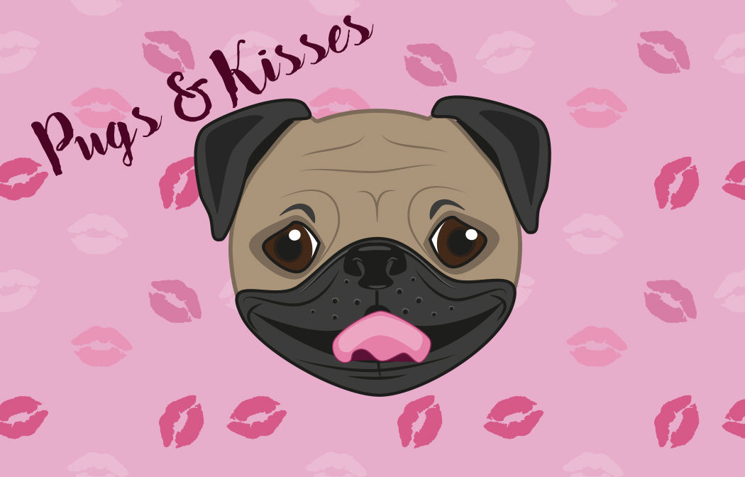 Cute Pug on a pink card with kissing lip pattern with the text 'Pugs & Kisses'