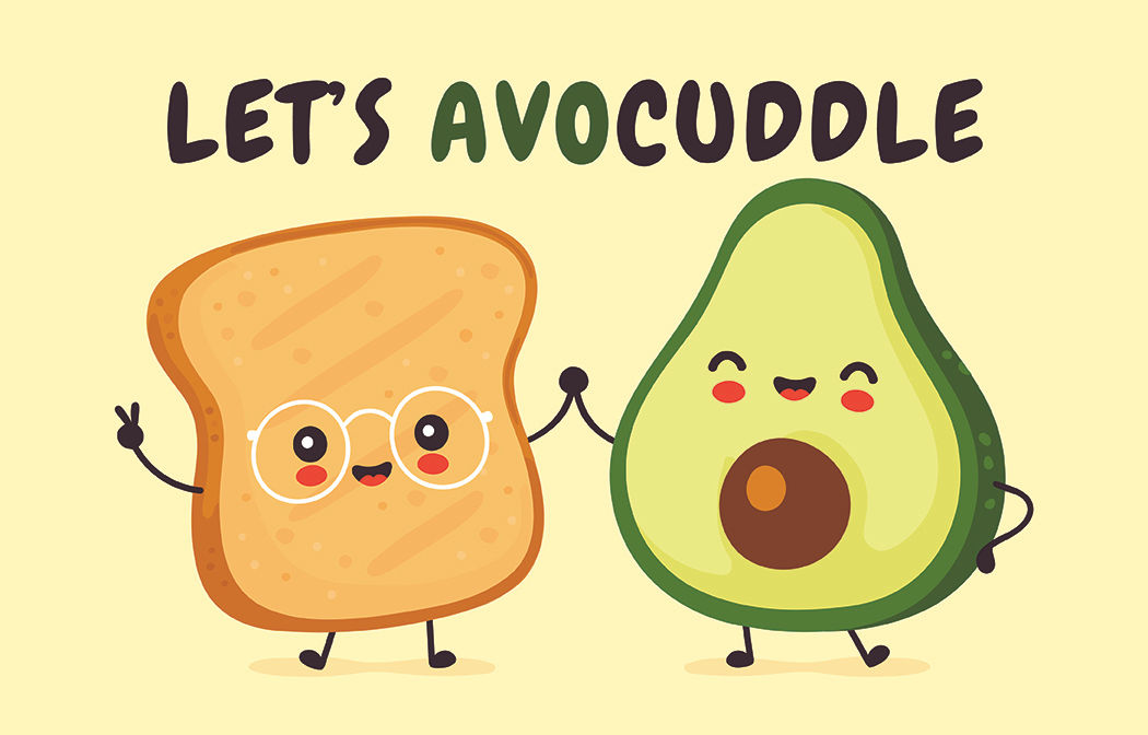 pale yellow card with a piece of toast and avocado holding hands with the test 'Lat's AVOcuddle'