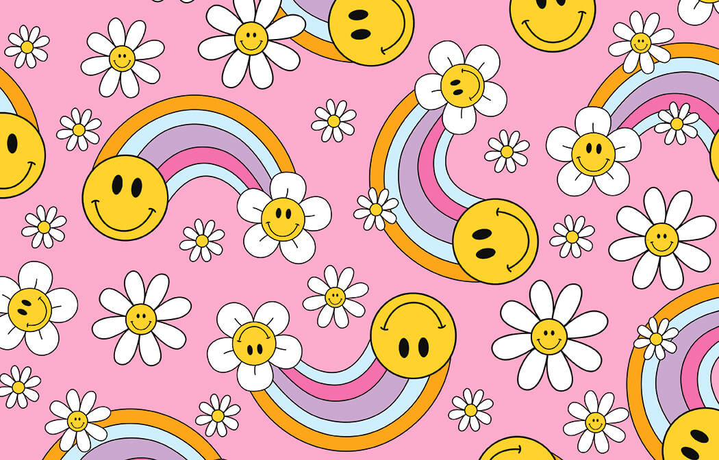 Gift card design with Seamless pattern featuring colorful rainbows with smiley faces, cheerful daisies with smiling centers, and a pink background, creating a playful and retro-inspired design.