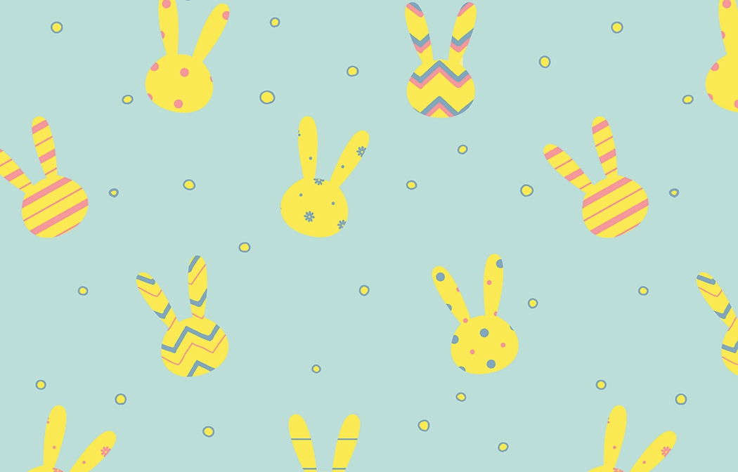 Easter-themed pattern featuring yellow bunny silhouettes with various decorative patterns such as stripes, polka dots, and chevrons on a pastel blue background, scattered with small circles.