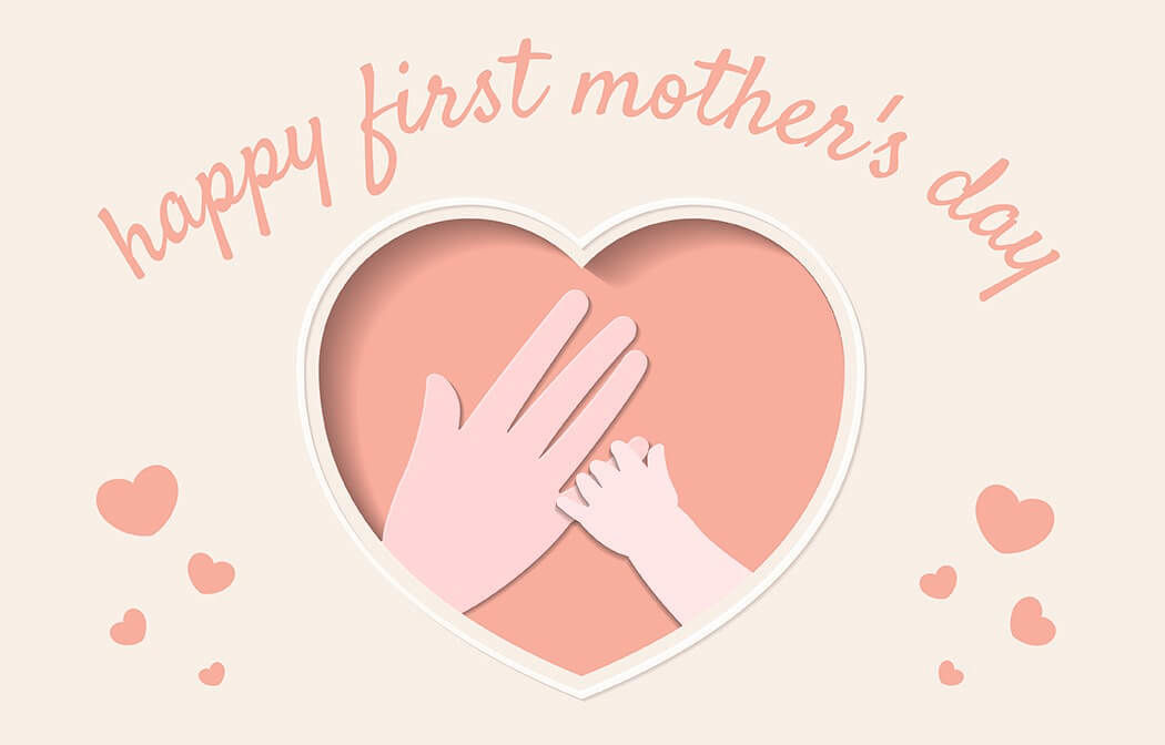 peach and pink mothers day gift card with text happy first mothers day holding hands