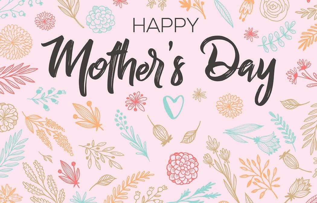 pink happy mothers day gift card with blue purple and red flowers
