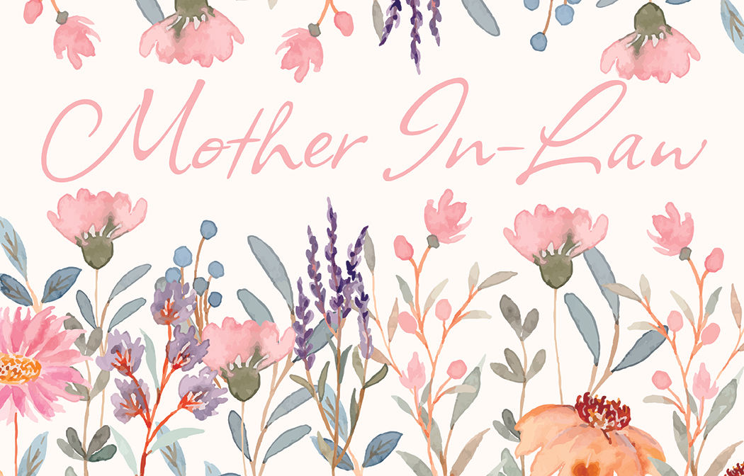 Watercolor Mother In Law gift card with orange pink and purple florals