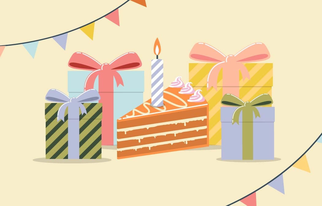 Colorful birthday gifts and a slice of birthday cake with a candle on a yellow background