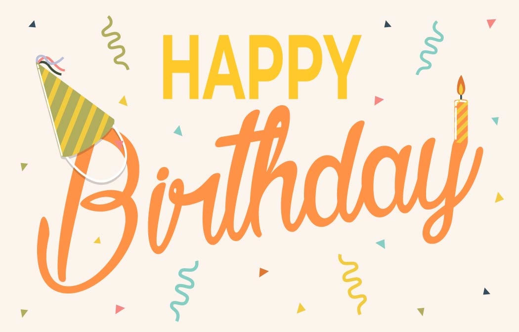 Happy Birthday gift card featuring colorful balloons, confetti, and bold golden text on a pale yellow background.