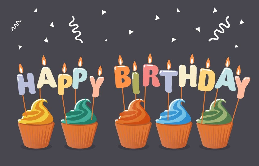 Illustration of colorful cupcakes with Happy Birthday candles on black card with white confetti