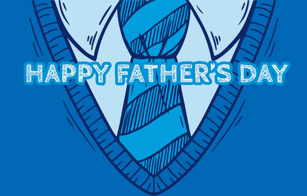 Blue background with an illustration of a shirt collar, tie with diagonal blue stripes, and sweater vest. Overlaid text reads "HAPPY FATHER'S DAY" in bold, white letters with a light blue outline.