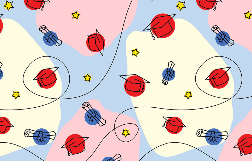 Graduation-themed pattern with pastel shapes, caps, rosettes, diplomas, and stars.