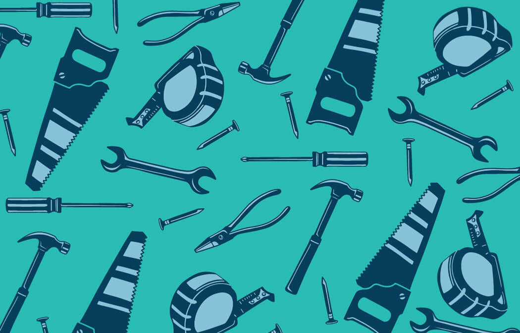 Pattern of various tools including saws, tape measures, wrenches, pliers, screwdrivers, hammers, and nails on a teal background.