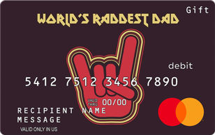 World’s Raddest Dad Mastercard Gift Card featuring rock hand symbol on dark background