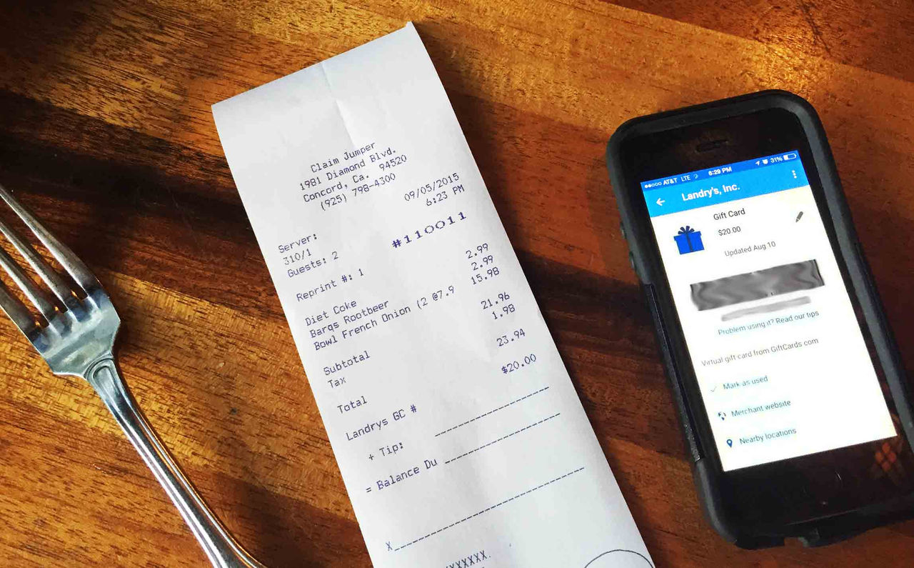gift card at a restaurant 